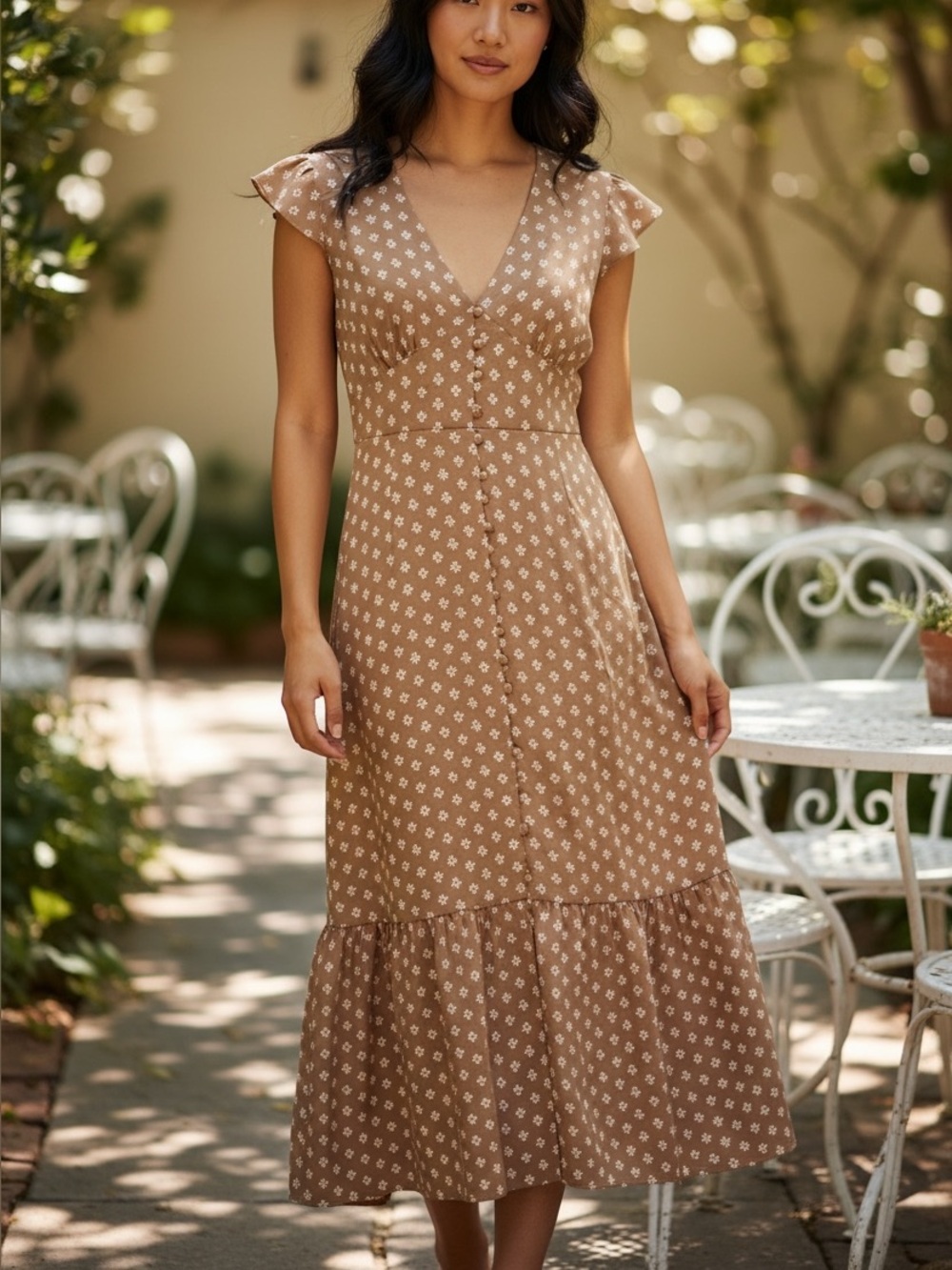 Women's Tan Floral V-Neck Maxi Dress with Tiered Skirt